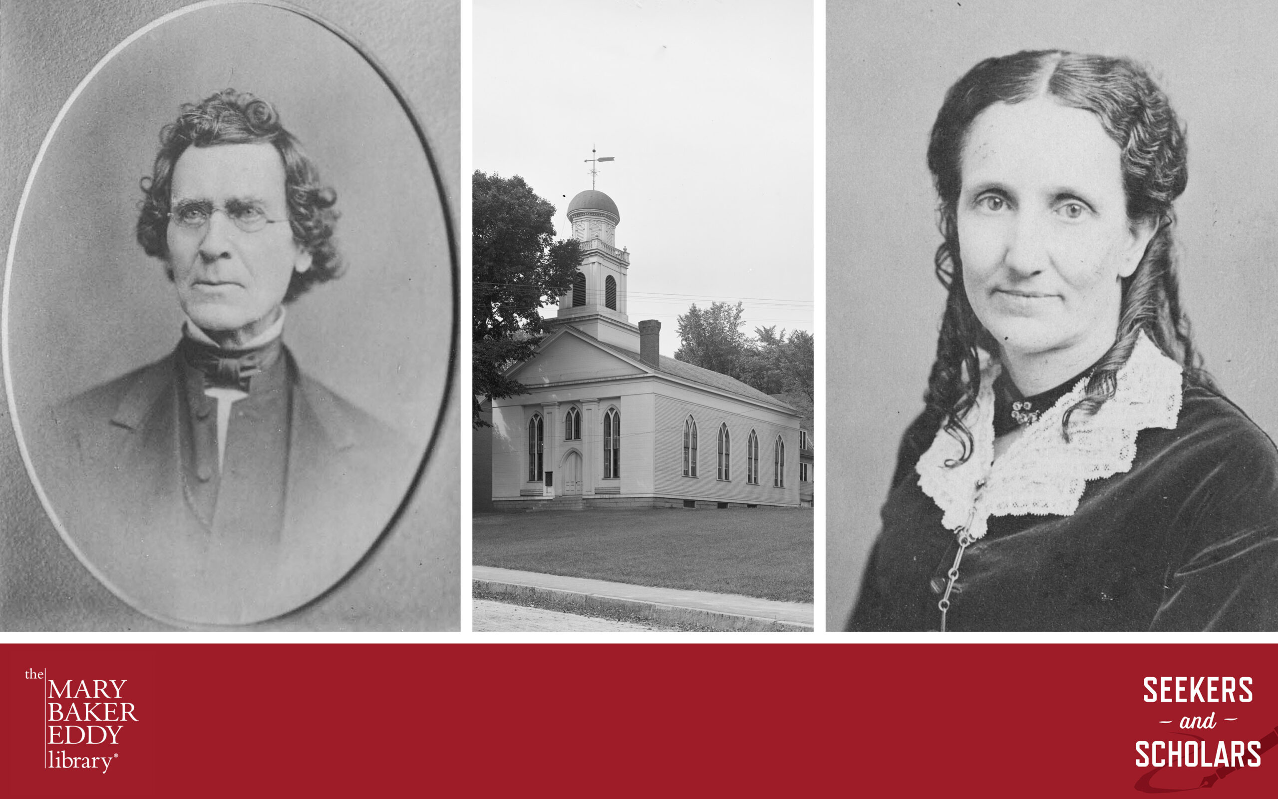 Collage showing a portrait of Nathaniel Bouton; the Congregational Church in Plymouth, New Hampshire; and Mary Baker Eddy, circa 1871.