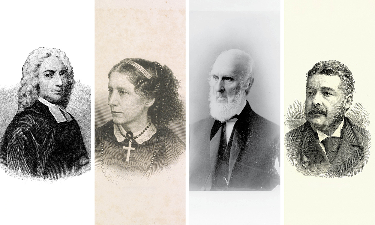 Image description: Polyptych showing the images of four people whose hymns or music appear in the Christian Science Hymnal: Isaac Watts, Harriet Beecher Stowe, John Greenleaf Whittier, and Arthur Sullivan. Images are black-and-white or sepia and include a mix of sketches/engravings and photographs.