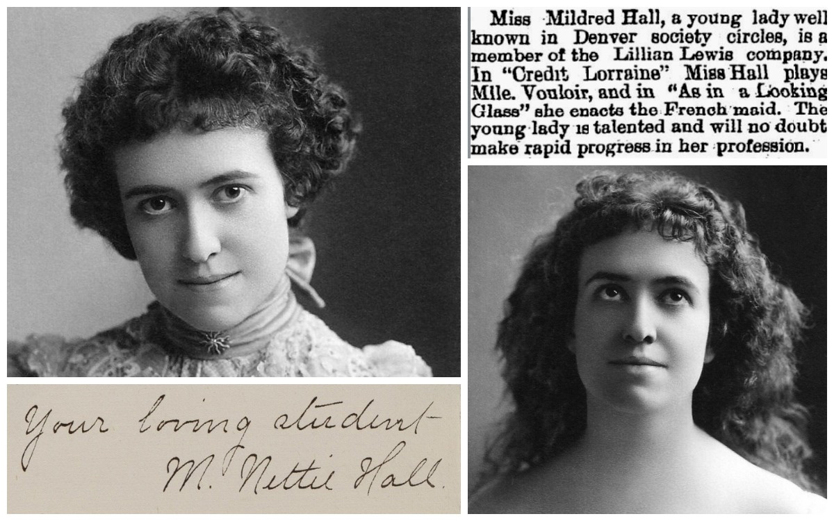 Image description: Collage containing two black-and-white headshots of Nettie McQuaid, along with an excerpt from the Aspen Daily Chronicle article titled "Day's Diary," and McQuaid's handwritten signature on a letter to Mary Baker Eddy.