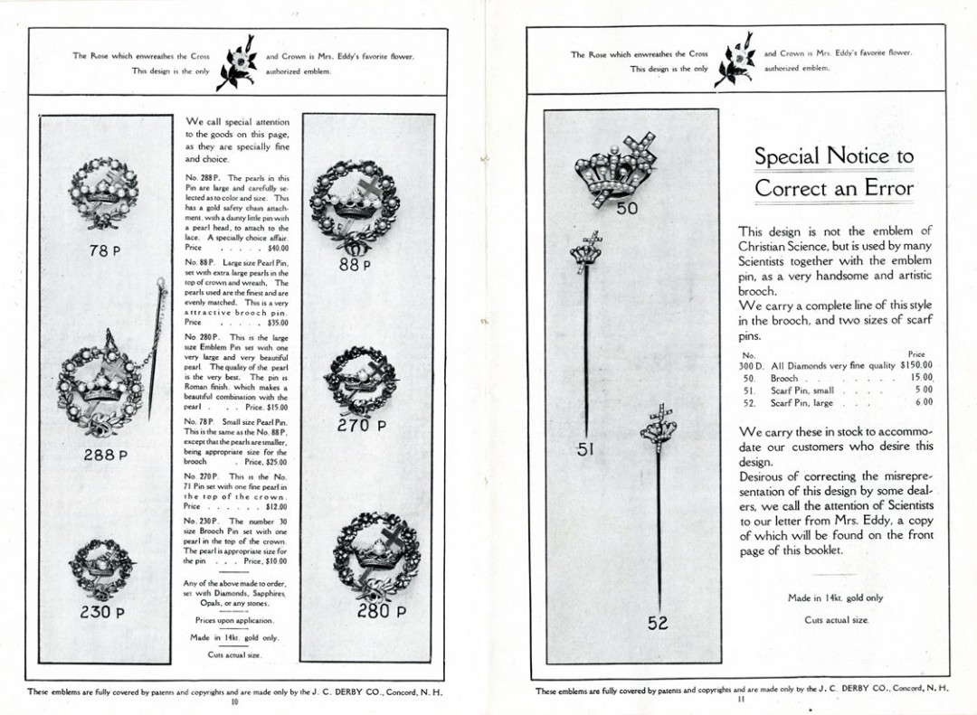 Christian Science Emblem Jewelry and J.C. Derby Mary Baker Eddy Library