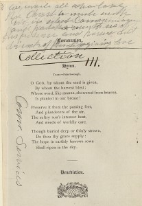 Detail from page 4: Eddy’s handwritten invitation to the congregation to join her in silent Communion and her note to herself that collection should be taken before the last hymn.