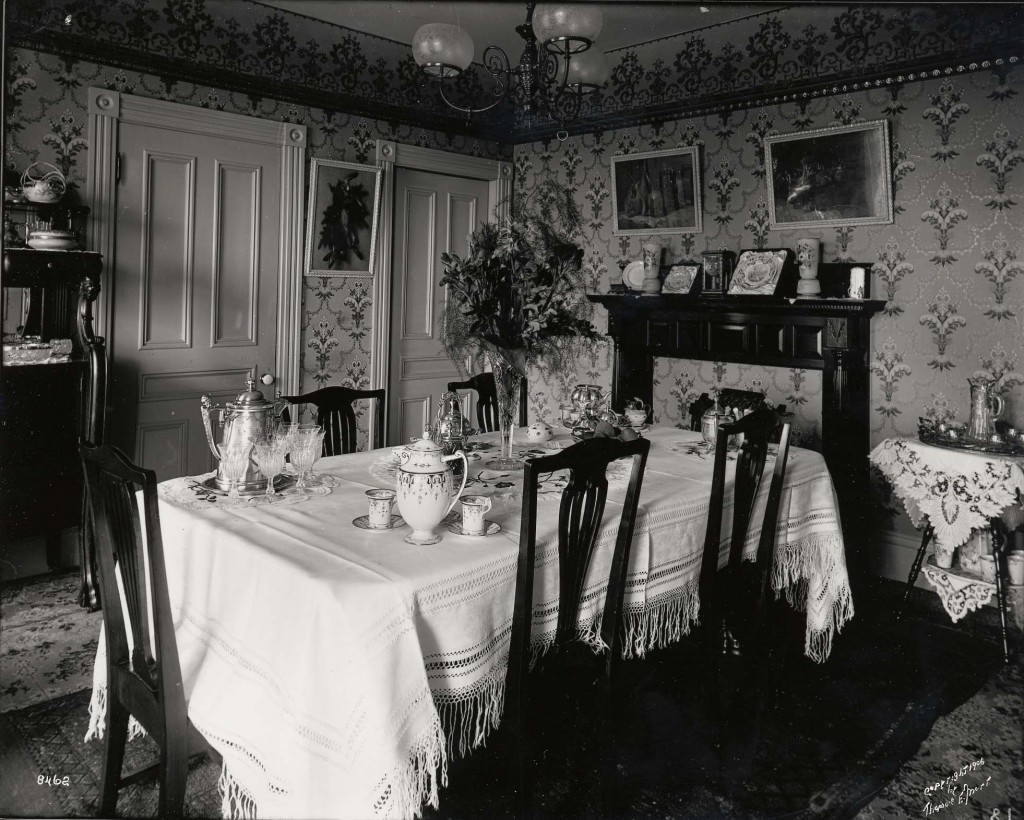 Dining room at Pleasant View, with Cauldon chocolate set shown above. P06266