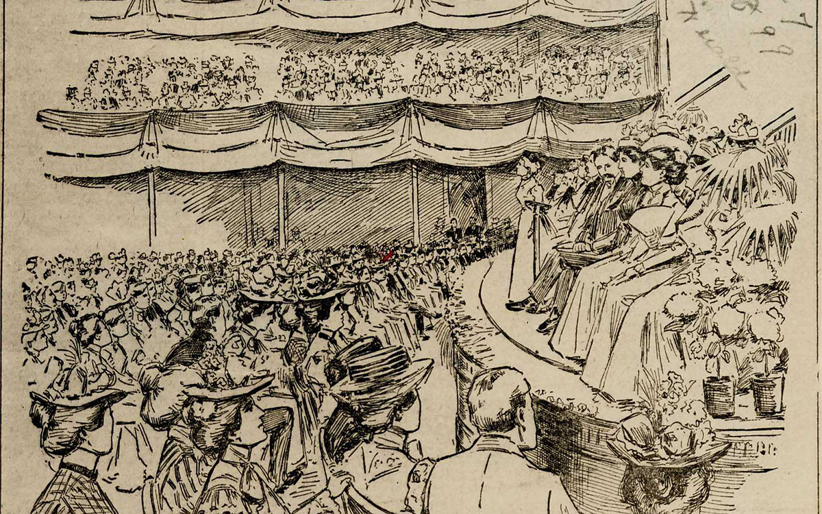 Image description: Black and white sketch of an auditorium full of people, seated. Up on a raised stage to the right is a row of men and women seated in chairs, with a female figure in a dress (Mary Baker Eddy) standing in the middle and addressing the crowd.