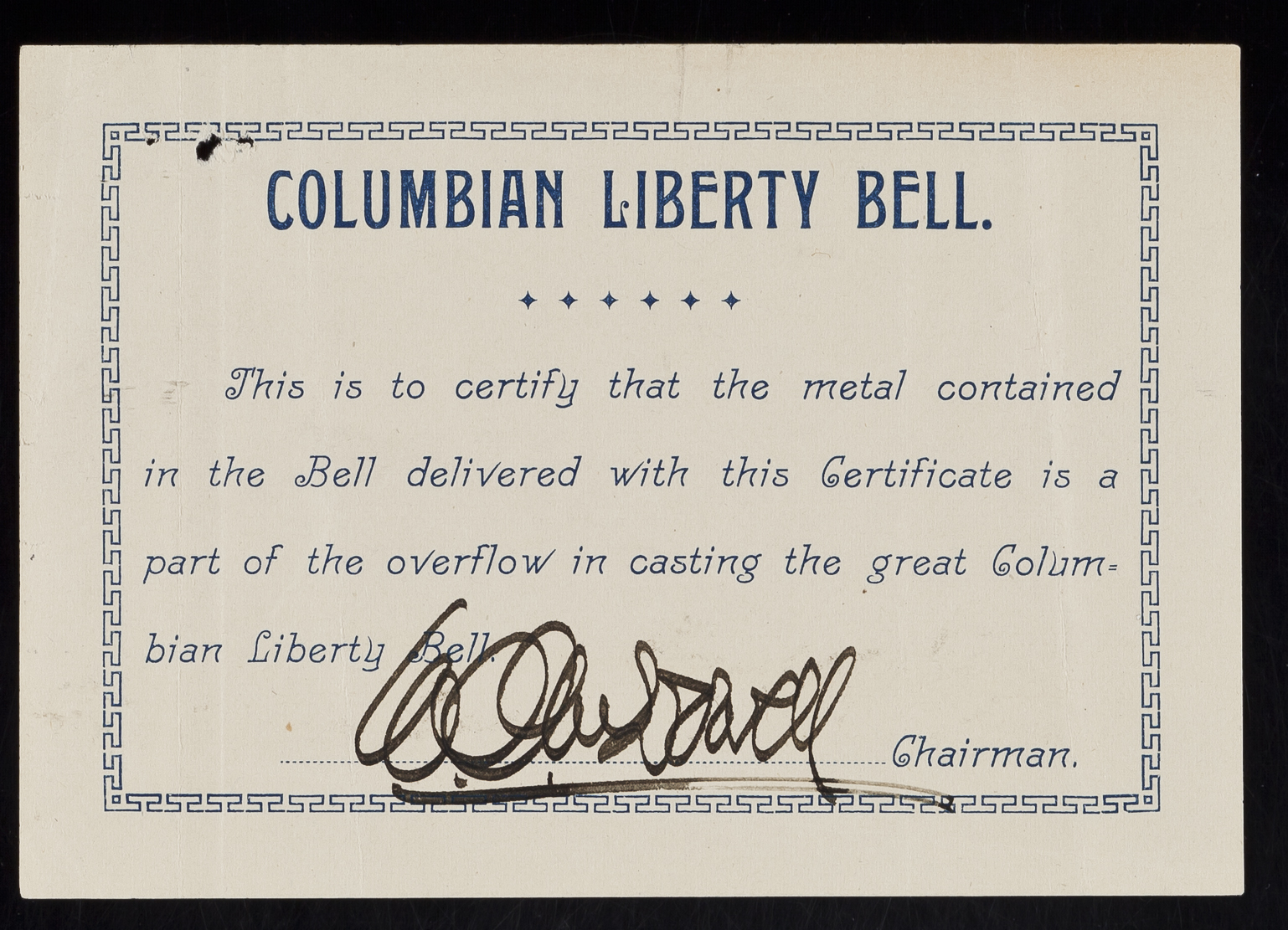 Colombian Liberty Bell certificate of authenticity