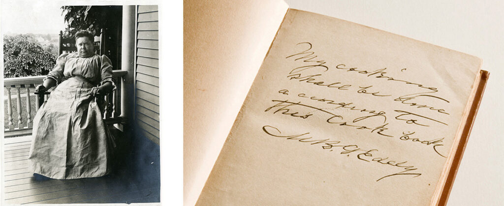 Image description: Collage of two side-by-side photos. From left to right: Black and white photo of Minnie Weygandt, relaxing in a chair on a wooden porch, with a view of the house's lawn and trees/greenery in the background. Color photo of the book The Young Housekeeper’s Friend, open to a blank weathered page near the beginning. A written inscription on the page, in Mary Baker Eddy's handwriting, reads: "My cooking shall be done according to this cook book. M. B. G. Eddy."