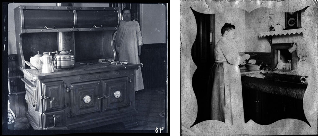Image description: Collage of two side-by-side photos. From left: Black-and-white photo of a large 1800s-era stove, with eight burners and a hood. Minnie Weygandt stands in the doorway next to the stove in the background, clad in a white frock. Black-and-white photo with a simple decorative border, depicting Minnie in profile, standing in the kitchen in front of a large sink and wearing an apron over her skirt.