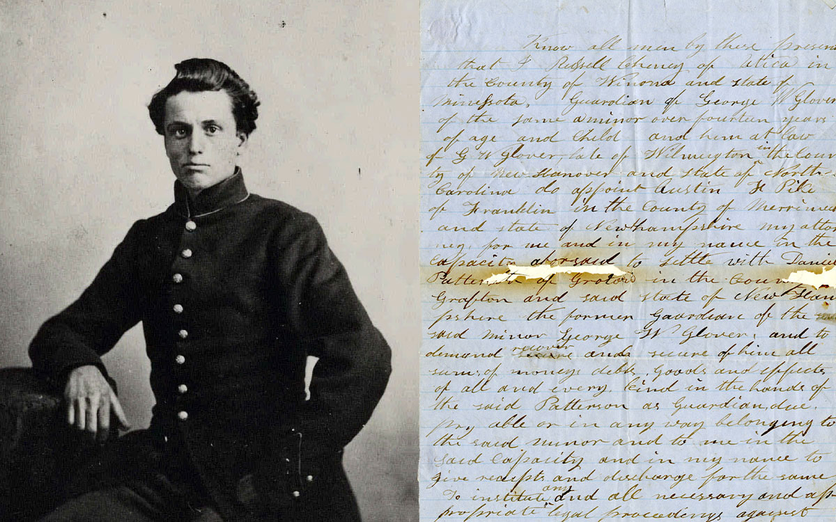 Collage: Portrait of George Glover as a young adult, and a letter relating to discussions of his custody while still a child.