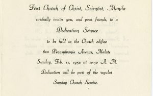 Dedication Invitation for First Church of Christ, Scientist, Manila,” undated, Church Archives, Box 530749, Folder 221332.