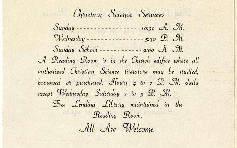 Dedication Invitation for First Church of Christ, Scientist, Manila,” undated, Church Archives, Box 530749, Folder 221332.