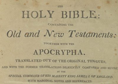 The Holy Bible: containing the Old and New Testaments: together with the Apocrypha. Translated out of the original tongues, and with the former translations diligently compared and revised, by the special command of His Majesty King James I of England; with marginal notes and reference; to which are added, an index, an alphabetical table of all the names…John Brown’s concordance, etc.