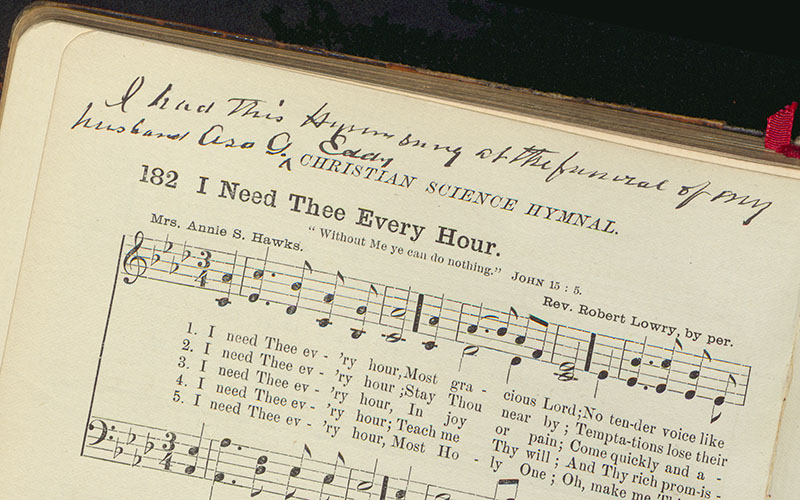 A note by Mary Baker Eddy in her copy of the Christian Science Hymnal, c. 1898. B00142.