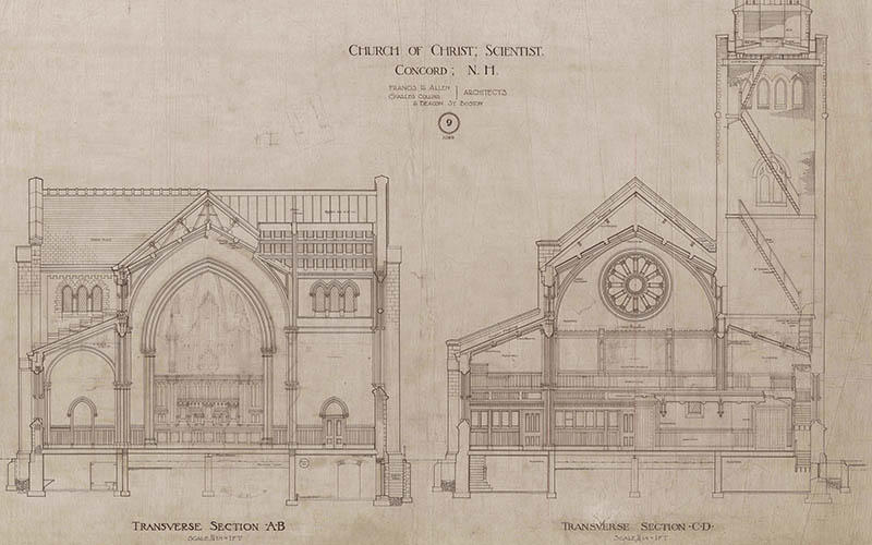 Plan 9, Francis R. Allen and Charles Collens, Architectural plans of First Church of Christ, Scientist, Concord, NH, 1903, Church Archives, Box 533716, Folder 327930.