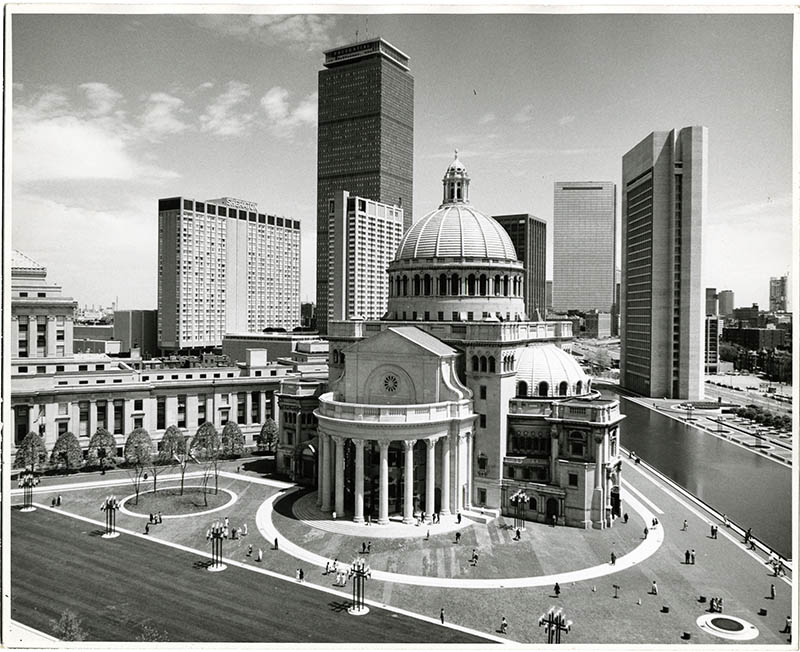 View of the completed portico entrance to The Mother Church Extension, 1975