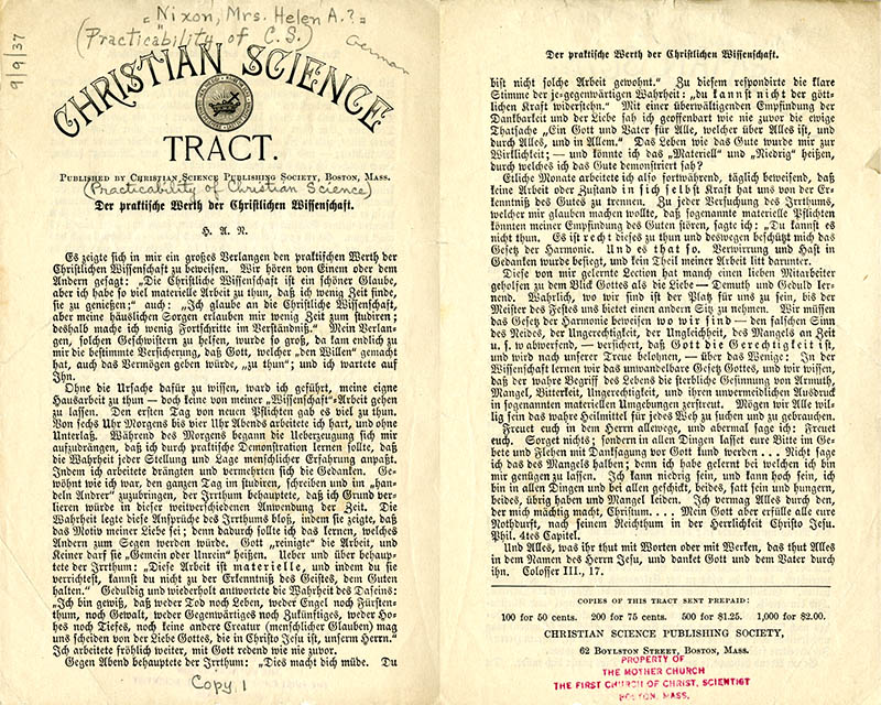 Der praktische wert der Christlichen Wissenschaft, Dokumentensammlung 544057, Ordner 540849.