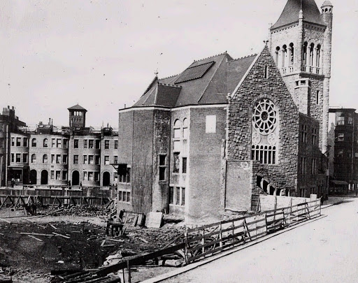 The Original Mother Church with the adjacent construction site, circa 1903