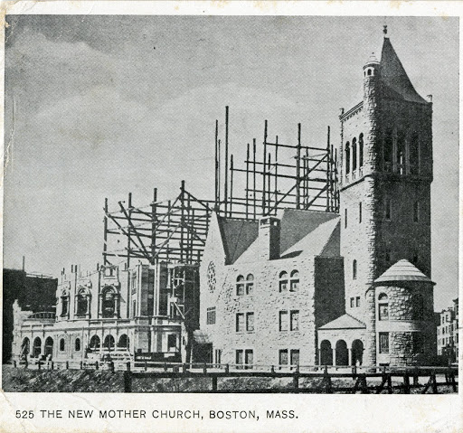 A postcard depicting the progress of construction on The Mother Church Extension in 1905