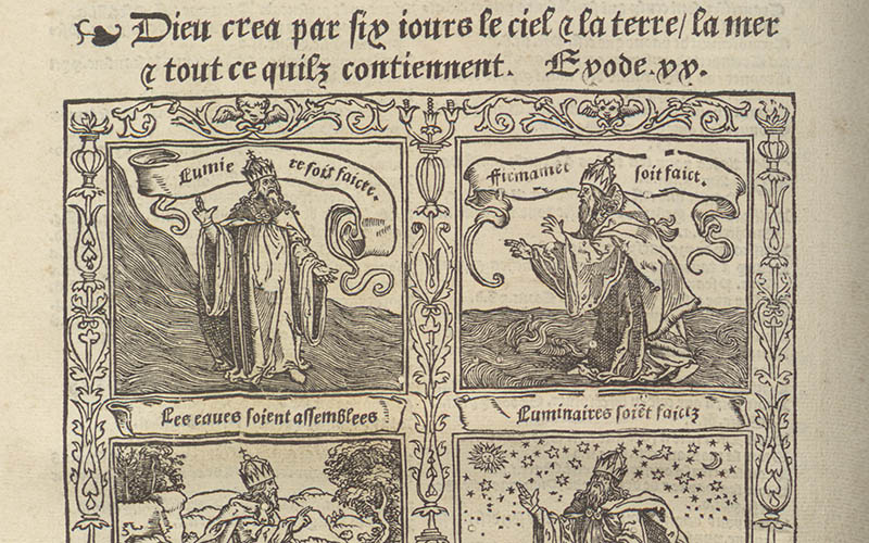 La saincte Bible en francoys : translatee selon la pure et entiere traduction de Sainct Hierome : derechief conferee et entierement reuisitee selon les plus anciens & plus correctz exemplaires : ou sus vng chascun chapitre est mis brief argument : auec ce sont deux tables, dont lune est pour les diuersitez daucunes manieres de parlers figuratifz & de diuers motz qua[n]t a leur propre signification : lautre table est pour trouuuer les Epistres & Euangiles de toute lannee : auec brief recueil des ans du monde : oultre plus linterpretation daucuns noms Hebraiques, Chaldeens, Grecz, & Latins.