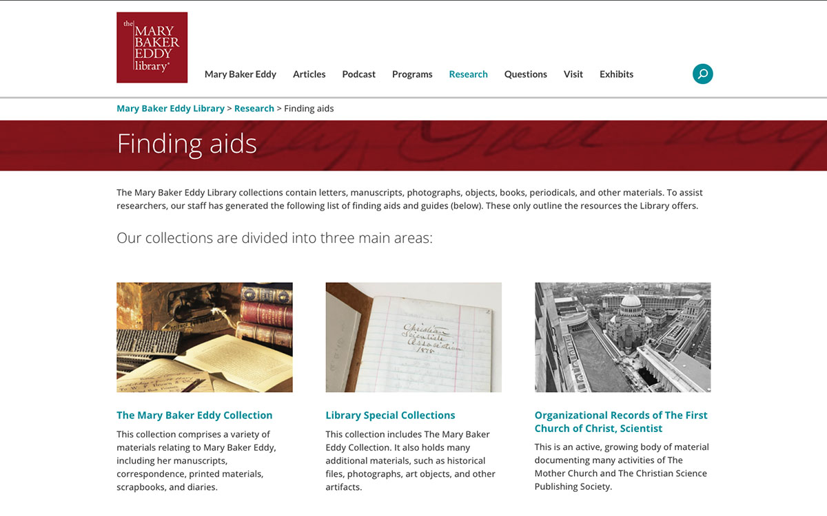 Finding Aids page on MBEL website