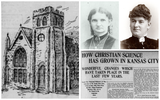 Church illustration from "New Church is Dedicated," the Kansas City Times, December 26, 1898. Portrait of Jennie B. Fenn by Merriam of Weeping Water, Nebraska, P00662. Portrait of Emma D. Behan, P00362. Image of "How Christian Science Has Grown in Kansas City" from the Kansas City Times, January 22, 1899.