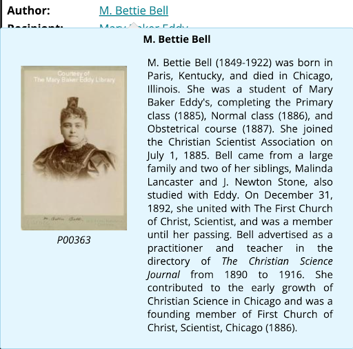 Screenshot of biography interface of M. Bettie Bell
