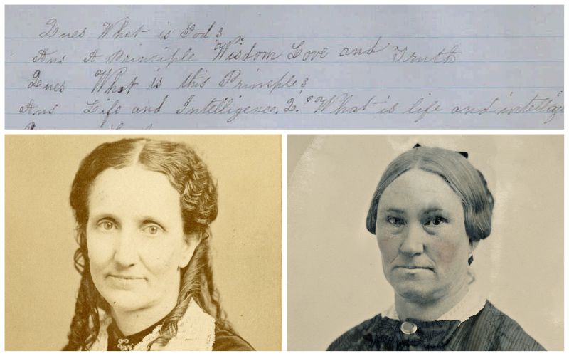 Top: scan of Wentworth notes with pen and paper. Bottom Left; photo of Mary Baker Eddy. Bottom right: photo of Sally Wentworth