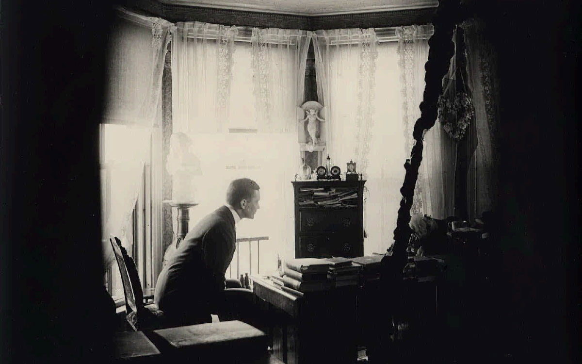 P01107-crop John Lathrop, seated across from Mary Baker Eddy’s desk at Pleasant View, Concord, New Hampshire. Undated.