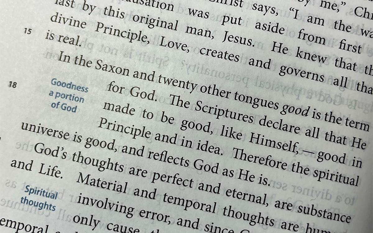 A zoomed in image of Science and Health by Mary Baker Eddy, focusing on the line, "In the Saxon and twenty other tongues good is the term for God." (Science and Health with Key to the Scriptures, Mary Baker Eddy, p. 286:16–17)