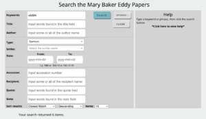 Search interface of the Mary Baker Eddy Papers website. Victim is the search keyword, showing 6 results