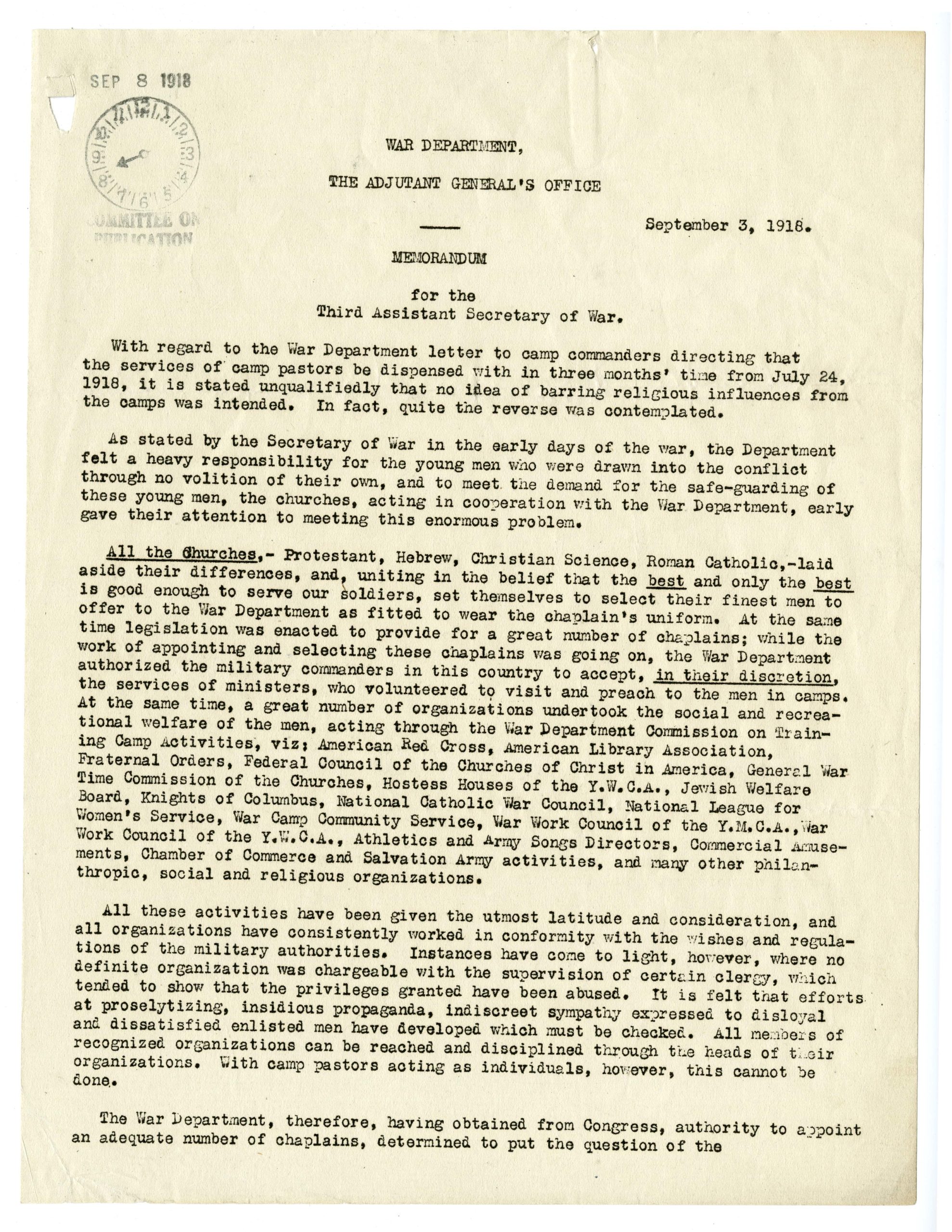 Page 1 of WW 1 memo