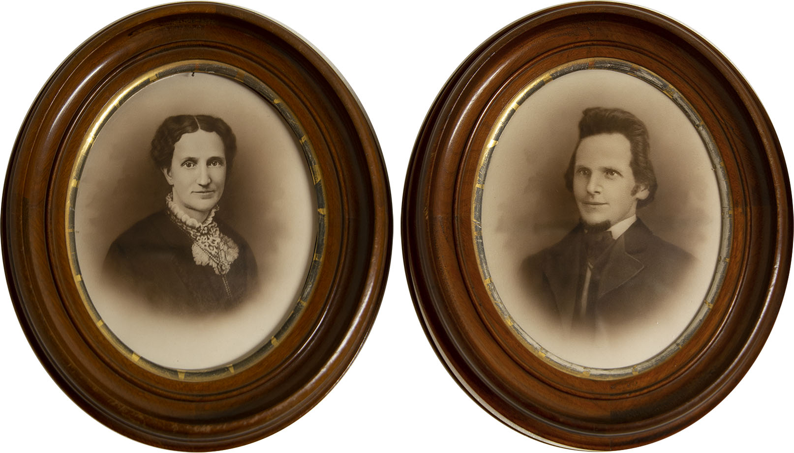 Chalk drawings of Asa Eddy and Mary Baker Eddy, side by side, c. 1880s