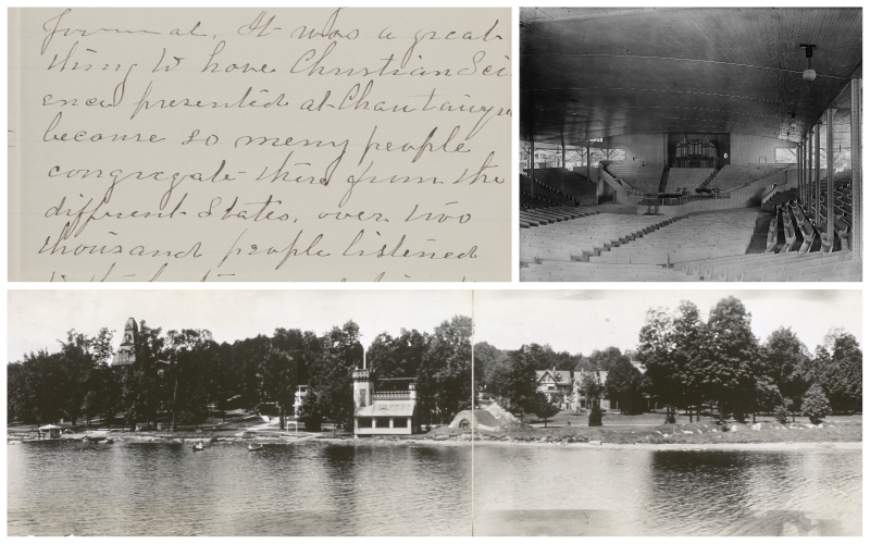Collage of handwritten letter, assembly hall at Chautauqua Library of Congress, and Chautauqua waterfront