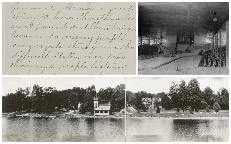 unnamed (12) Collage of handwritten letter, assembly hall at Chautauqua Library of Congress, and Chautauqua waterfront