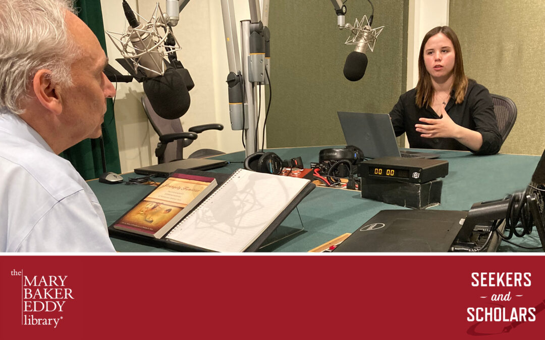 Seekers and Scholars guest host, intern Gloria Flowers, speaks with regular host Jonathon Eder in the Library's recording studio