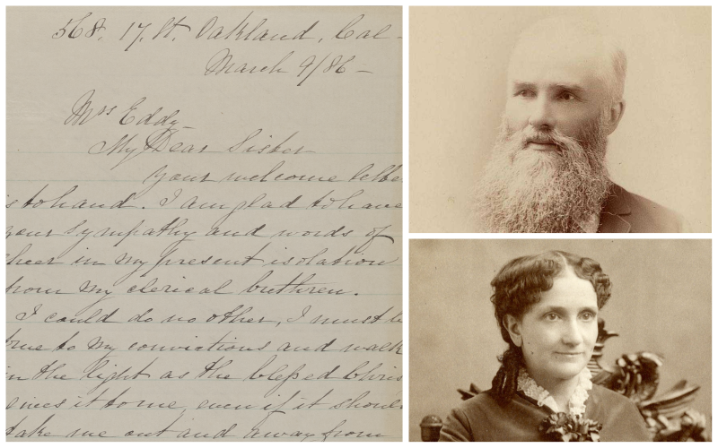 Collage of a letter from Joseph Adams to Mary Baker Eddy, as well as portraits of both people.