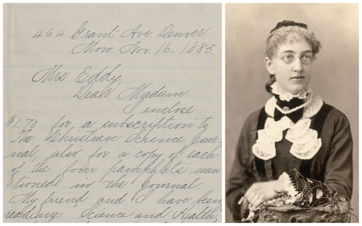Letter from Celia F. Osgood Peterson to Mary Baker Eddy, November 16, 1885; and portrait of Celia F. Osgood, 1880.