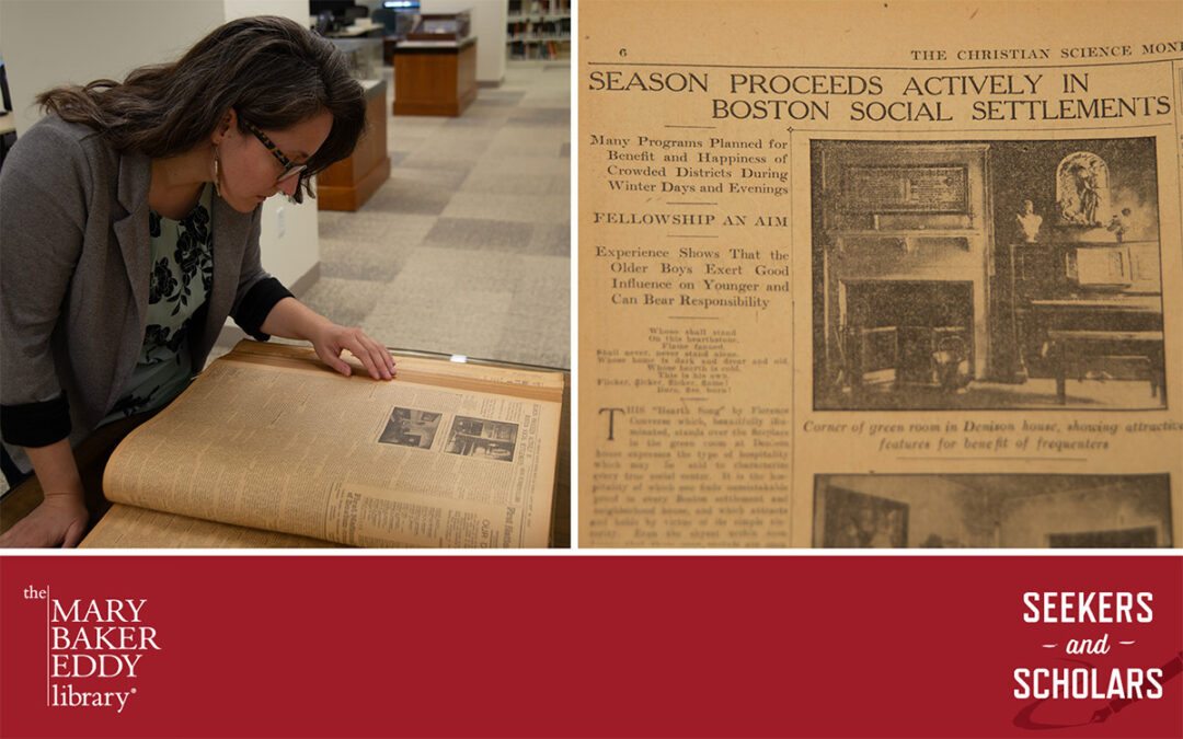 Guest host explores a bound volume of The Christian Science Monitor. On the right is a closeup of the article "Season proceeds actively in Boston social settlements"
