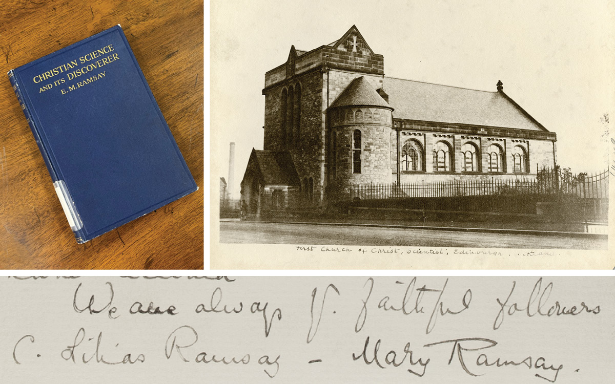 Collage: Book cover of "Christian Science and Its Discoverer"; Photo of First Church of Christ, Scientist, Edinburgh; Letter to Eddy from the Ramsay sisters