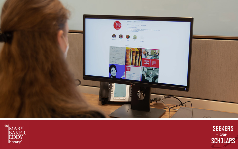 Episode artwork: Over-the-shoulder photo of a person looking at the Mary Baker Eddy Library's social media on a computer.