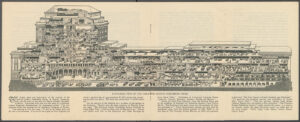 Interior of pamphlet titled "The Visitor Sees the Building," containing a detailed drawing of a cross-section of the Publishing House.