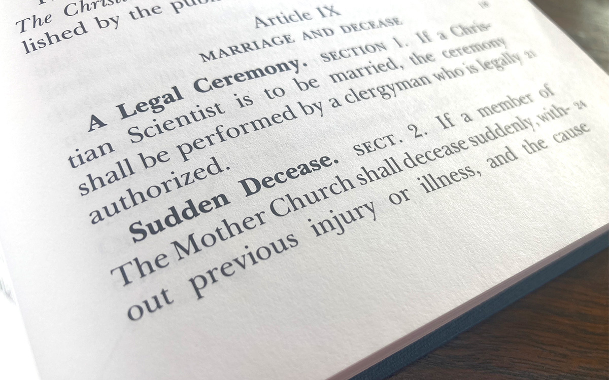 "Sudden Decease" by-law, pictured in a copy of the Manual of The Mother Church.