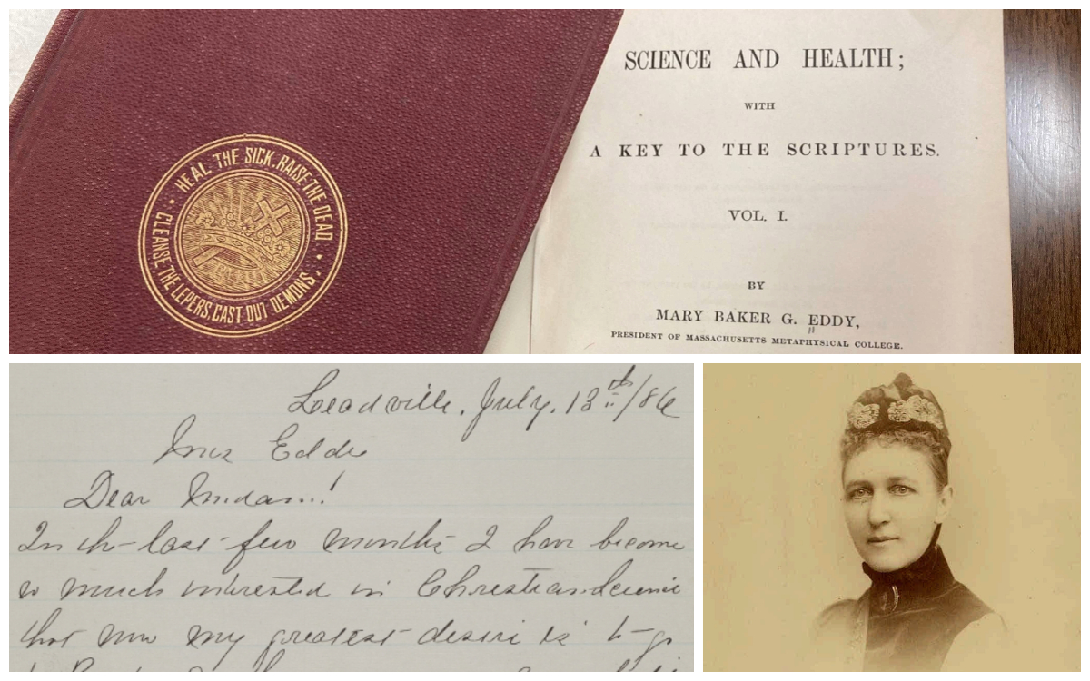 Collage: Science and Health, 15th edition. Letter from Camilla A. Hanna to Mary Baker Eddy, July 13, 1886. Cabinet photo of Camilla Hanna, c. 1869.