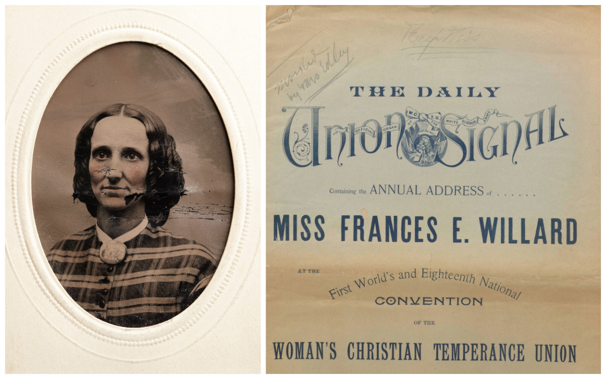 2024-02c Papers - Temperance Collage, including photo of Mary Baker Eddy and cover of the newspaper The Daily Union Signal.