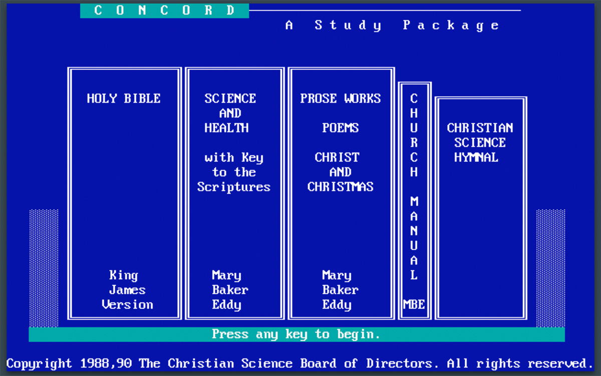 2024-03a The Concord Story - Featured image - Concord DOS home screen 1988 Book cover of Mary Baker Eddy: Years of Discovery