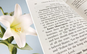Collage: Photo of white Easter lily, and photo of the "Easter Observances" bylaw in the Church Manual, by Mary Baker Eddy.