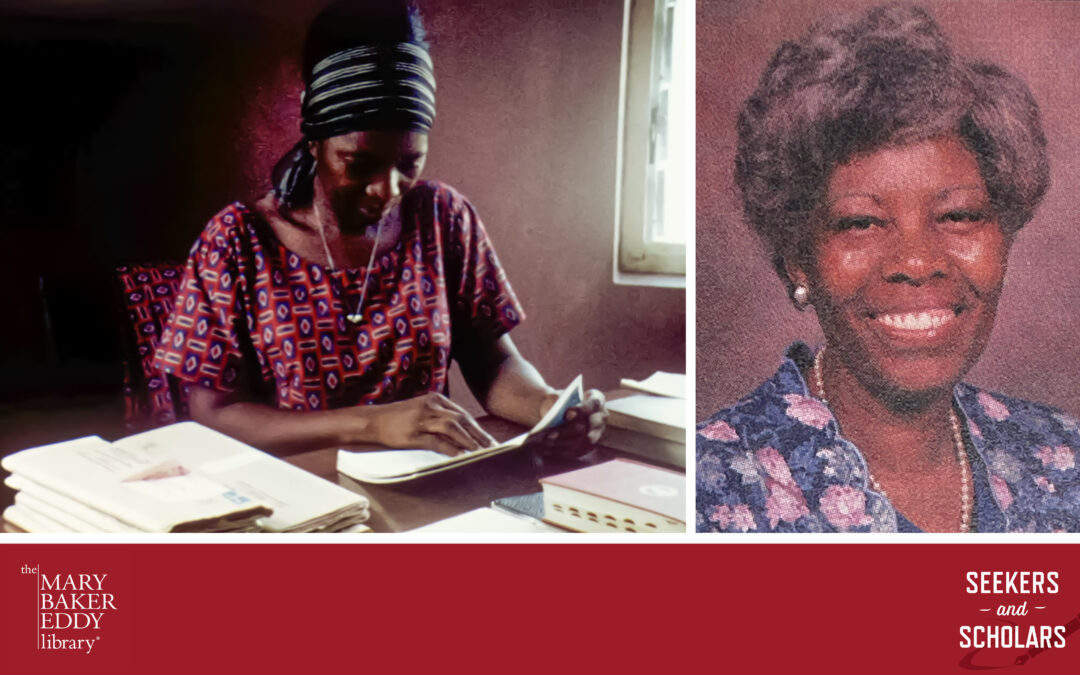 Photo collage: Jeannie Dove, seated at a desk with Christian Science reading materials. Studio portrait of Dorothy Maubane.