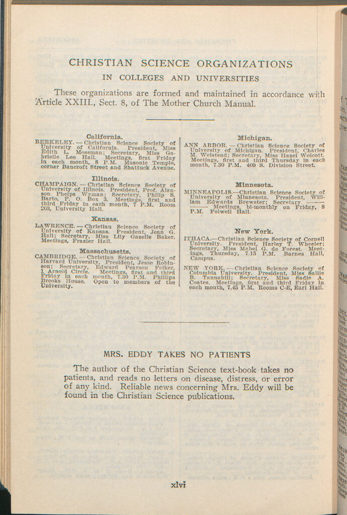 Scan of a page from The Christian Science Journal. The page lists eight Christian Science Organizations located in seven American states: one each in California, Illinois, Kansas, Massachusetts, Michigan, and Minnesota, and two in New York.