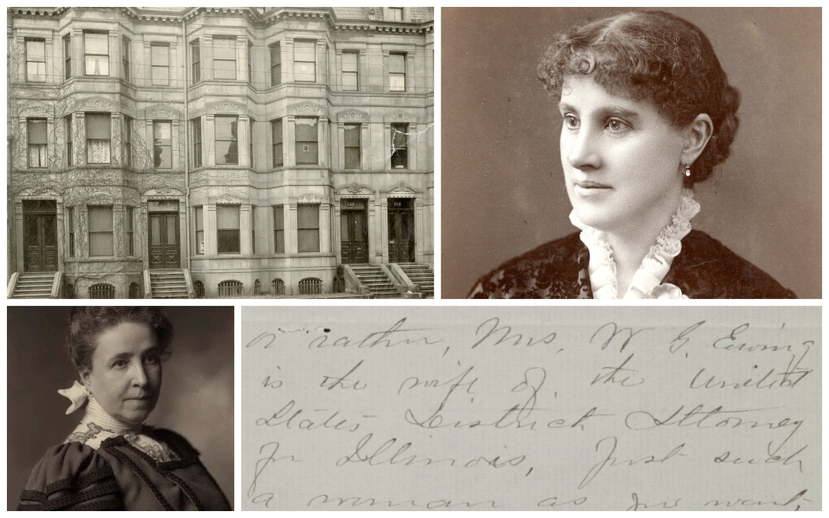 Collage of four photographs: the three-story Boston rowhouse buildings that made up the Massachusetts Metaphysical College; two antique sepia-tone photographs depicting portraits of two women (Ellen Brown Linscott and Ruth B. Ewing); and a close-up of a handwritten letter from Linscott to Eddy.