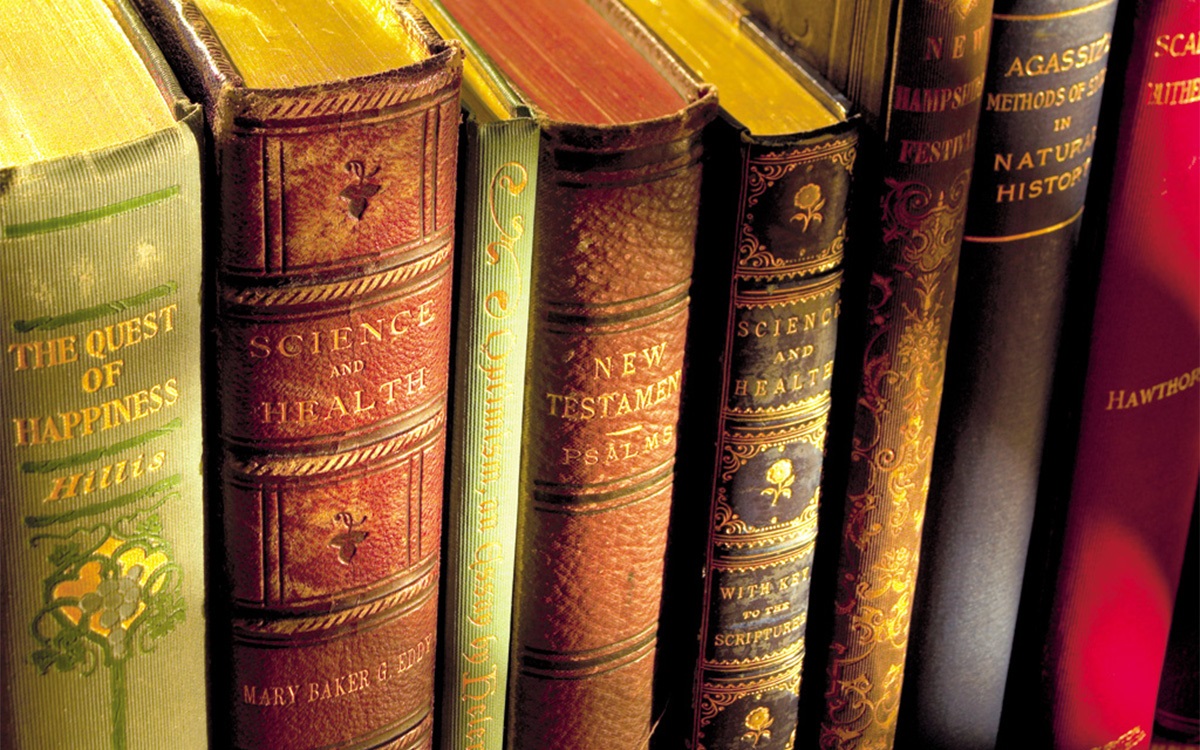 Thayer image of various colorful book spines.