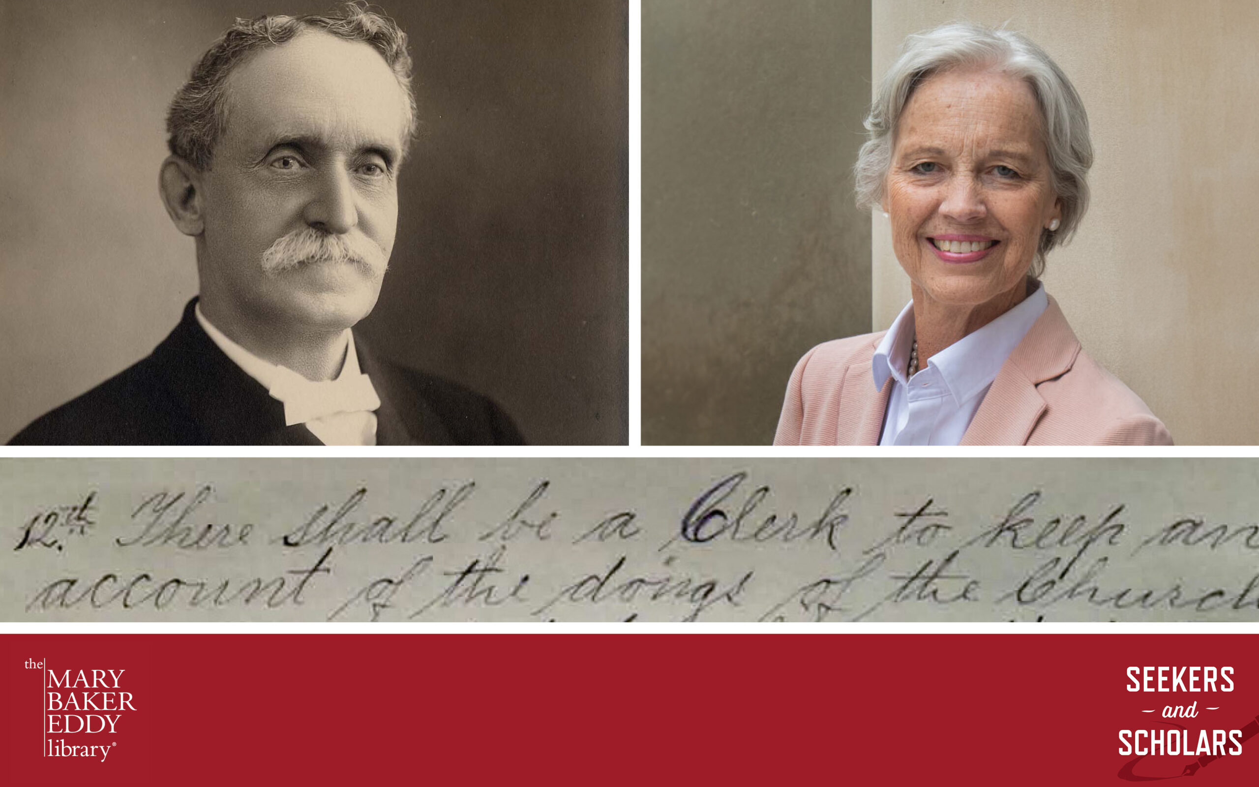 Episode artwork: Collage with black-and-white photo of William B. Johnson, color photo of Martha Moffett, and handwritten manuscript text that reads, "12th. There shall be a Clerk to keep an account of the doings of the Church."