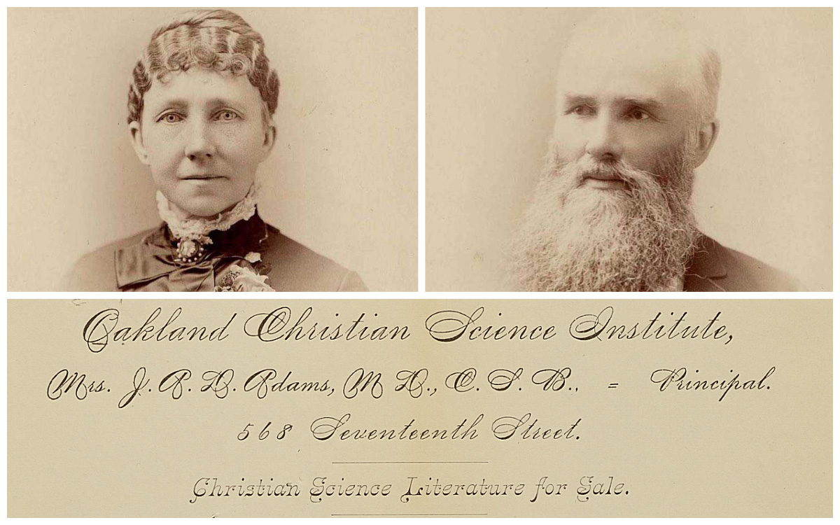 2024-06c FTP Collage that includes: Sepia-toned portrait of Julia Adams, with her hair in a tight up-do; a sepia-toned portrait of Joseph Adams, with a full mustache and beard; and letterhead that begins, "Oakland Christian Science Institute, Mrs. J. A. D. Adams, M.D., C.S.B."